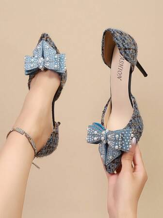 حذاء كعب عالي أسود بتزيين من الراين بتصميم فراشة، أحذية ذات رؤوس مدببة وكعب رفيع جذاب للفساتين، مناسب للخريف والشتاء