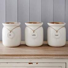 Large Canisters/Jars Set Tea Coffee Sugar Ceramic Canisters Rope Labels Kitchen Storage Jars Set Set Of 3 With Wooden Lid And Rope Labels Kitchen Organisation Ideal For Gift To Love One's - White - View 1