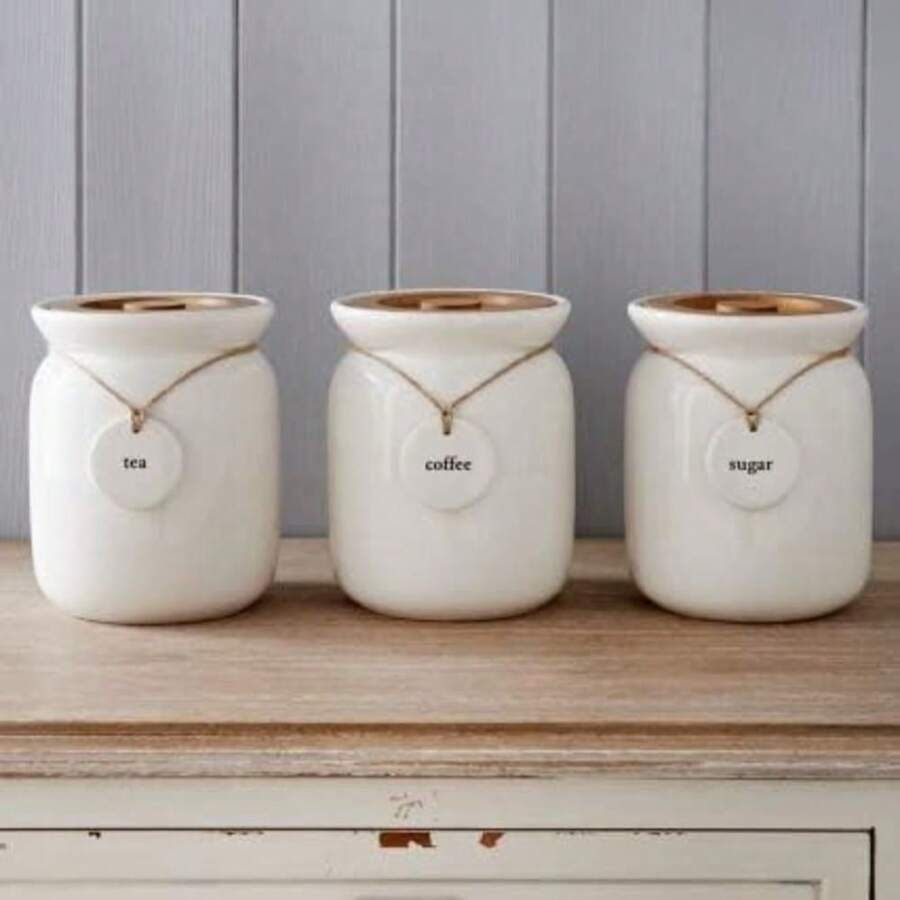 Large Canisters/Jars Set Tea Coffee Sugar Ceramic Canisters Rope Labels Kitchen Storage Jars Set Set Of 3 With Wooden Lid And Rope Labels Kitchen Organisation Ideal For Gift To Love One's - White - View 1