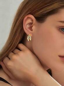 Yanxyad 1/6对女士夹式耳环，粗款无耳洞耳环，锆石珍珠结牛角包形管状扭纹耳钉耳环套装，假耳环夹式饰品，14K镀金镀银 - 金色 - 查看 3