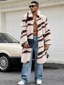 Men's Faux Fur Lined Thick Warm Zebra Pattern Coat, Winter