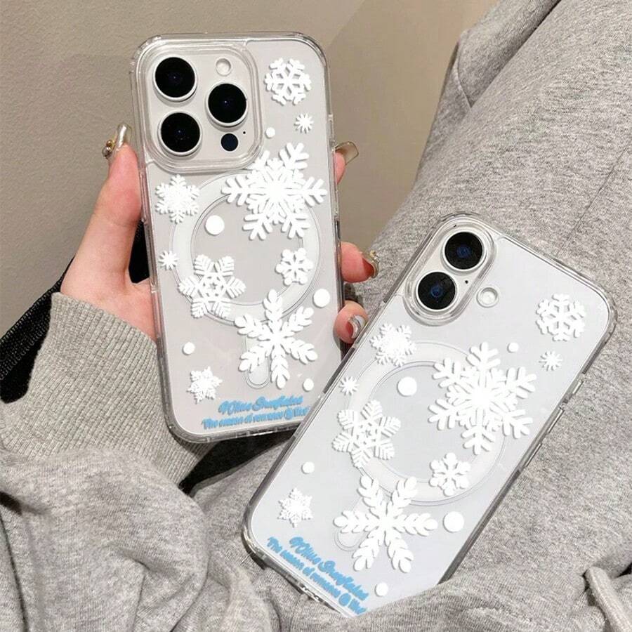 SpongeBob SquarePants 1个极简雪花冬季彩绘磁吸透明防摔手机壳，兼容 11/12/12 Pro Max/14 Pro Max/15/15 Pro/16/16 Pro Max/17/17 Air及其他型号 - 彩色 - 查看 1