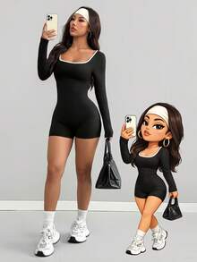 AITYI Studio 女士连体裤，修身休闲舒适 U 领撞色时尚性感修身户外运动 Y2K 毕业季返校季嘉年华复活节音乐节春夏弹力针织长袖紧身连体裤 - 黑色 - 查看 1