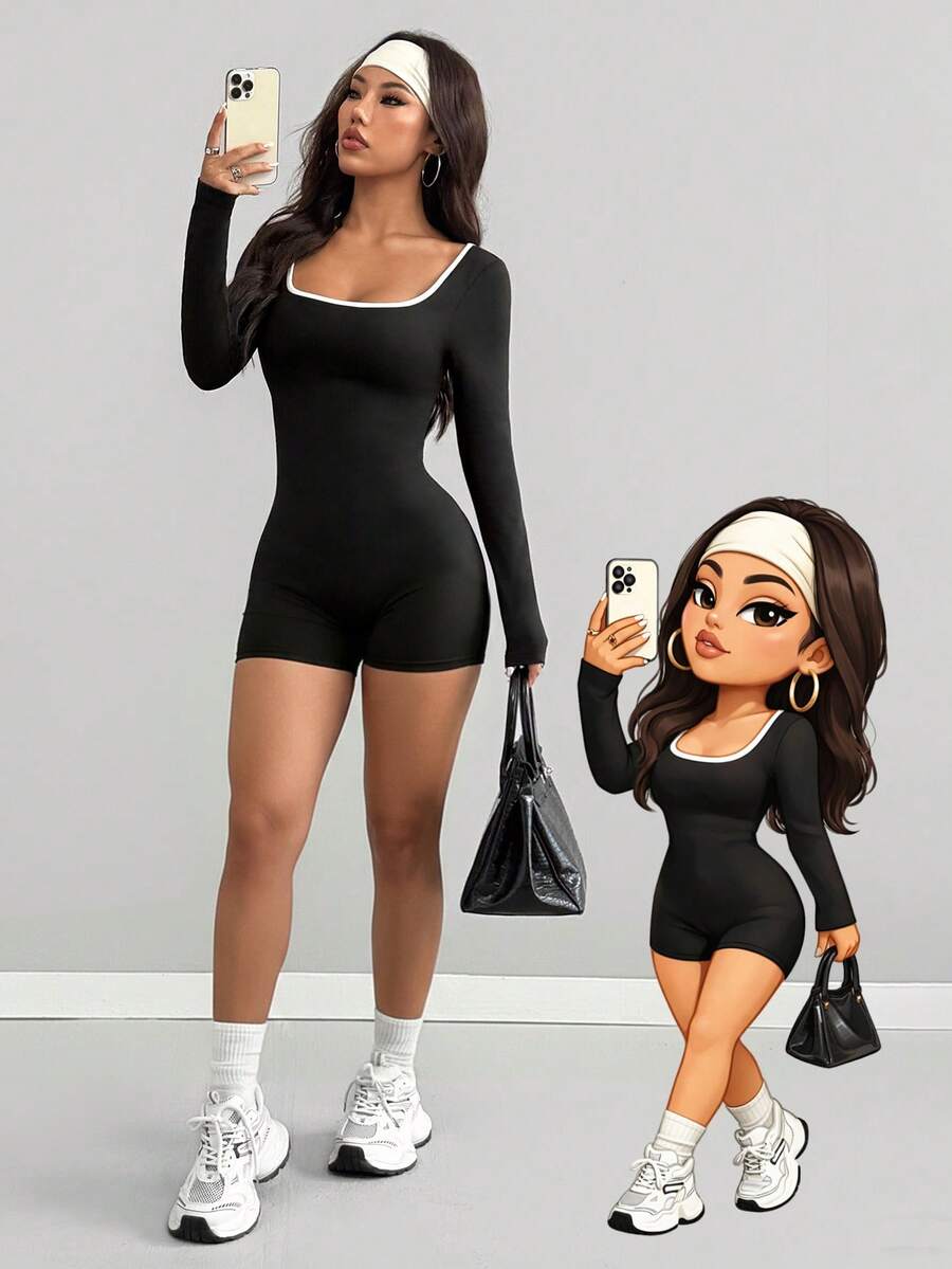 AITYI Studio 女士连体裤，修身休闲舒适 U 领撞色时尚性感修身户外运动 Y2K 毕业季返校季嘉年华复活节音乐节春夏弹力针织长袖紧身连体裤 - 黑色 - 查看 1