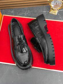 Men's Leather Printed Platform Slip-On Penny Loafers Fashion Round Toe Metal Decoration Non-Slip Lug Sole Business Dress Shoes For Driving Office Party - 黑色 - 查看 6