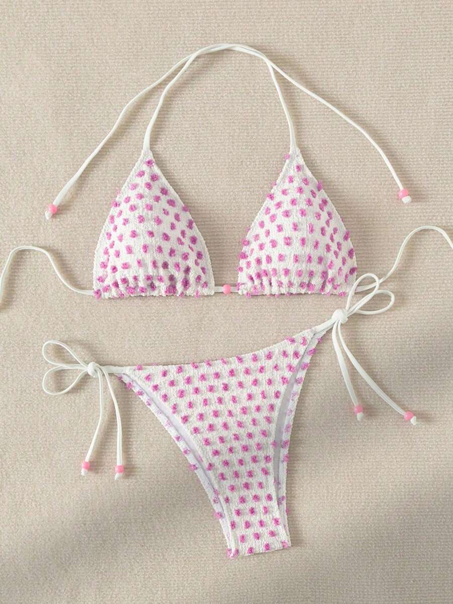 2pcs/Set Polka Dot Patchwork Cute Backless Tie-Up Suit, Vacation Summer Beach - Multicolor - View 1