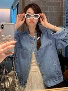 女士牛仔外套，长袖，宽松版型，百搭复古风 - 中等水洗藍 - 查看 2