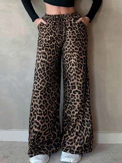 Tall Pantalones casuales de pierna ancha recta y holgada con estampado de leopardo para la calle