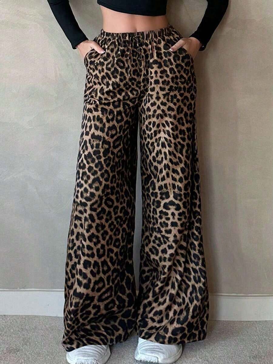Tall Pantalones casuales de pierna ancha recta y holgada con estampado de leopardo para la calle - Multicolor - Ver 1