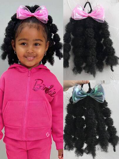 1pc Kids Black Ponytail For Girls Kids Hair Extension Accessories Bubble Puff Hair With Yarn Bowknot