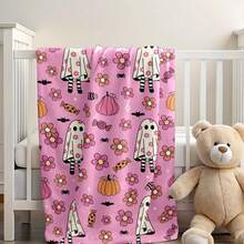 1 Piece Soft Flannel Blanket - Cute Ghost, Pumpkin, Bat, And Floral Patterns In Pink, Purple, Orange, White - All-Season Comfort Blanket Suitable Halloween,, Home, Office, Camping - Lightweight And Warm Bed Sheet, Sofa Cover, Decorative Bedding - Easy To Clean, Washable