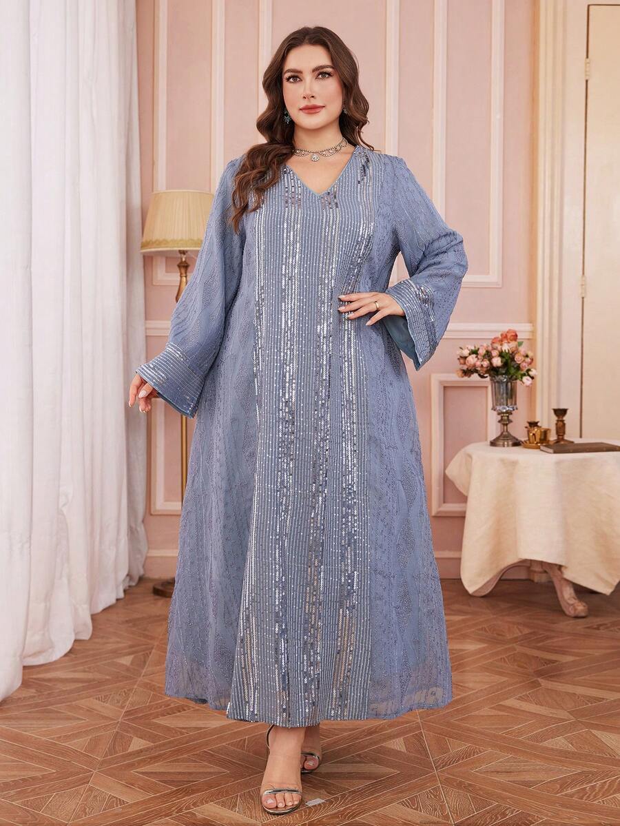 大码V领优雅刺绣亮片阿拉伯长裙（正面亮片随机裁剪） - 霧霾藍 - 查看 1