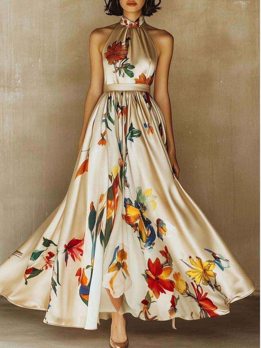 优雅女士无袖系带连衣裙,饰有花叶印花,适合正式场合和夏季派对。 - 香檳色 - 查看 1