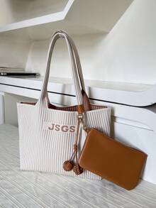 JIANSHANGGUSHI 2026 New Fashion Tote Bag, Commuter Shoulder Bag, Patchwork Knitted Bag, Macaron Color, With Small Wallet, Suitable For Office Ladies, Women, Girls - Khaki - View 7