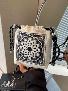 可爱刺绣帆布水桶单肩斜挎包，防水尼龙时尚手提包，腰果花刺绣，可拆卸肩带 - 彩色 - 查看 17