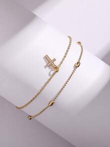 Nooxian 2件套 时尚优雅金色椭圆形串珠十字架吊坠脚链套装，适合海滩、派对、度假（椭圆形珠子数量随机） - 金黃色 - 查看 5