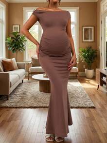 优雅荷叶边露肩金属点缀修身孕妇派对礼服 (YY1144) - 棕色 - 查看 5
