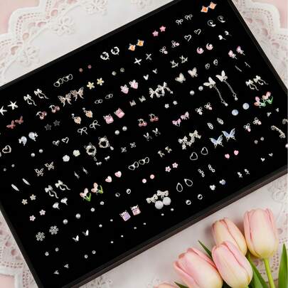 Bộ 7/9 đôi bông tai đính ngọc trai giả tối giản hình nơ, hoa, trái tim, thích hợp cho bé gái đeo hàng ngày, làm trang sức, quà tặng sinh nhật.