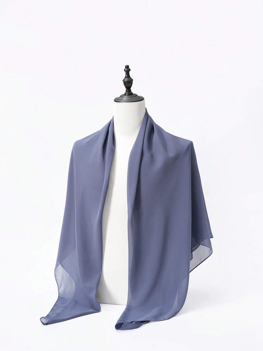 1条雪纺穆斯林头巾，纯色休闲围巾，防晒披肩，沙滩巾，140*140厘米 - 霧霾藍 - 查看 1
