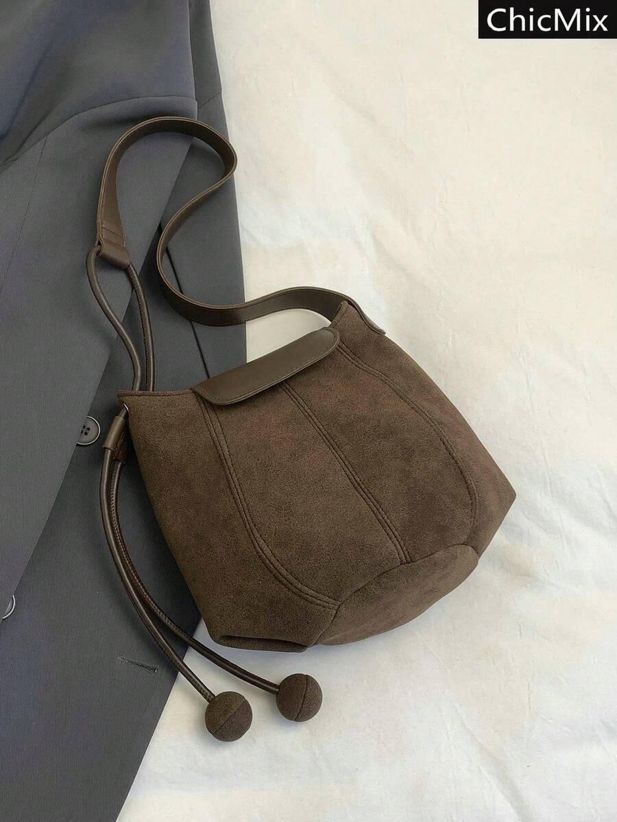 Solid Color Personalized Suede Flap Shoulder Bag, Casual Versatile, Spherical Hanging Decoration, Women's Bucket Bag Style, Suitable For Shopping, Wallet Carrying, Young Women, College Students, Newlyweds, White-Collar Etc. Also Very Suitable For Office, University, Work, Business, Commuting, Outdoor Activities, Travel And Outings. - Coffee - View 1