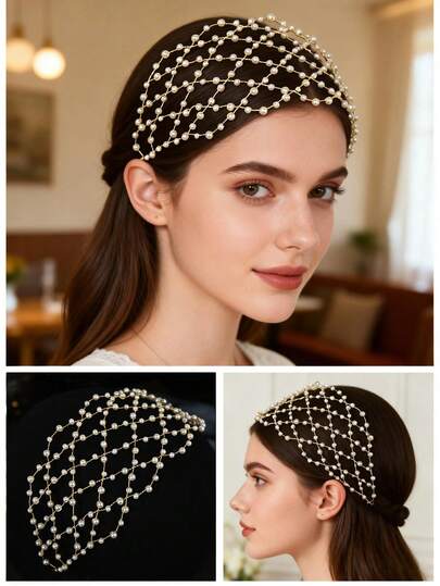 手工仿珍珠网纱发箍，复古镂空网纱发圈，法式新娘头纱头饰，正式派对礼服配饰