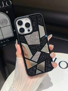 1pc Black Geometric Colorblock Rhinestone Phone Case Compatible With IPhone 15 Pro Max - Black - View 9