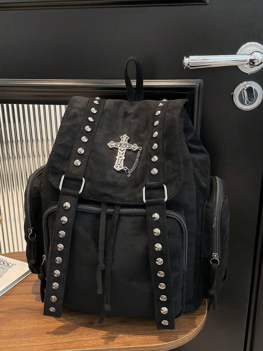 Mochila de cuero suave original de la era Y2K, decoración con cruz y cadena gótica, tela de ante, bolso de viaje - Negro - Ver 1