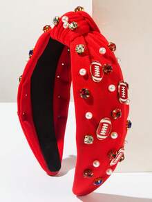 1pc Solid Red White Blue Fabric Ball Series Headband, Minimalist Fashion Rhinestone Decor Football Accessory, Sports Style Headwrap, Versatile For World Cup, Ball Games (Rhinestone Color And Position Random) Hair Band Diadema Hair Hoop,Festival,Party - Red - View 1