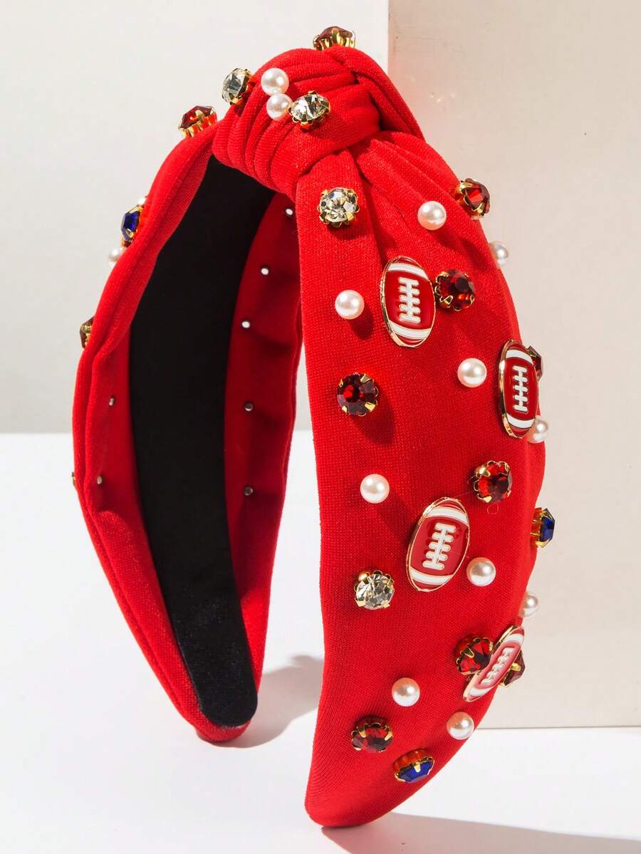 1pc Solid Red White Blue Fabric Ball Series Headband, Minimalist Fashion Rhinestone Decor Football Accessory, Sports Style Headwrap, Versatile For World Cup, Ball Games (Rhinestone Color And Position Random) Hair Band Diadema Hair Hoop,Festival,Party - Red - View 1