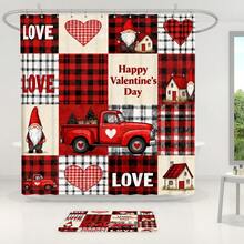 Conjunto multifuncional para banheiro com cortina de chuveiro, estampa xadrez e corações com a palavra "LOVE" (1 peça, 3 peças ou 4 peças), 12 ganchos inclusos, tapete de banheiro, tapete em formato de U e tapete redondo para vaso sanitário, perfeito para qualquer ocasião. Ideal para o Dia dos Namorados.