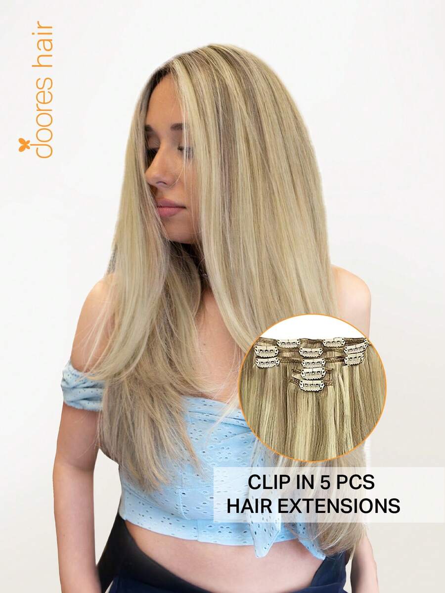 DOORES 5pcs Seamless Straight Human Hair Extensions, Natural Soft Light Blonde Highlights, 73-85g, 100% Brazilian Lace Human Hair, Double Clip-In Hair Extensions - S16/22A - View 1