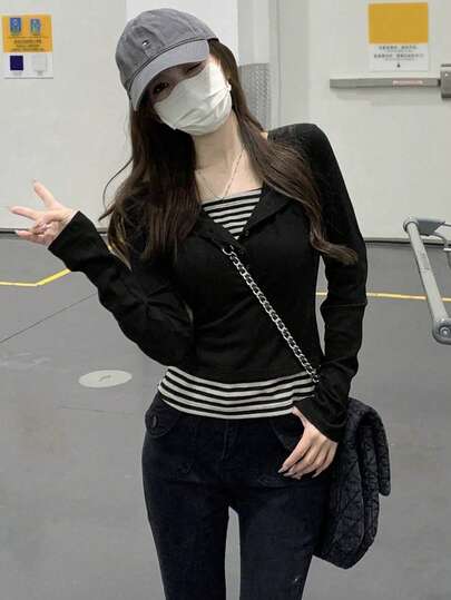 Striped Color Block Patchwork 2 In 1 Long Sleeve T-Shirt, Fitted Shoulder, Button Closure Top For Women, Autumn