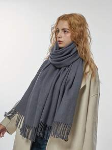 1pc Women's Solid Dark Gray Scarf With Tassels, Size 30*180cm, Soft Shawl, Suitable For Spring, Summer, Autumn And Winter