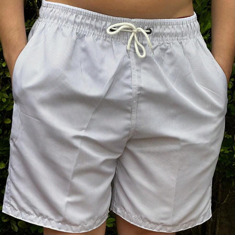 Men's Bermuda Shorts, Thick Tactel Fabric, Striped, Drawstring, Knot Detail. - 淺灰色 - 查看 1