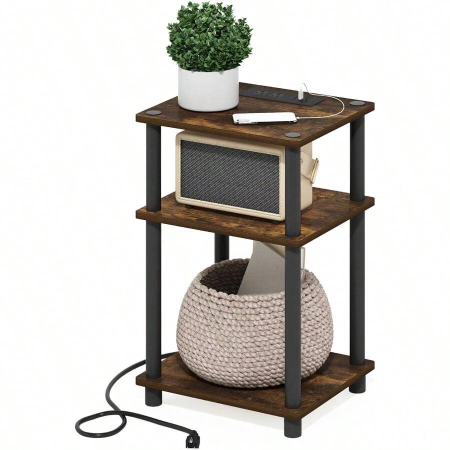Coffee TablesFurinno Just 3 Niveles Turn-N-Tube USB y Tipo-C Mesa Auxiliar de Puerto de Carga con Almacenamiento Abierto 11.42 Pulgadas de Ancho x 8.82 Pulgadas de Alto x 6.77 Pulgadas de Profundidad Pino - ÁmbarPinoNegro - Ver 1
