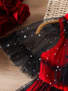 Young Girl' Contrast Mesh Shawl Strap Mesh Dress, Spring/Summer - Red and Black - View 8