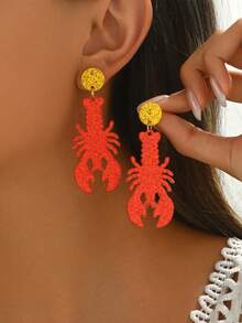 1 Pair Women's Fashion Earrings, New Shiny Red Lobster Shaped Acrylic Exaggerated Dangle Earrings, Ocean Holiday Carnival Party Gift Jewelry - Red - View 1