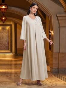 Abito lungo elegante arabo con scollo a V, tinta unita, realizzato a mano con perline - Albicocca - Visualizzare 9