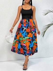 Ladies' Spliced Floral Print Split Suspender Dress (Random Pattern) - Burnt Orange - View 4