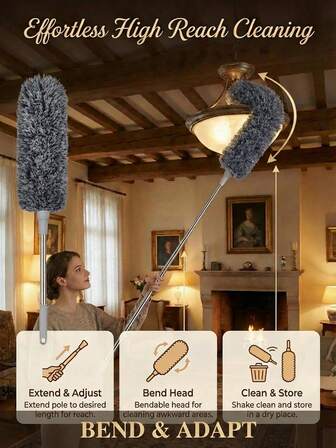 Multifunctional Retractable Duster With Bendable Head - Reusable And Washable For High Ceilings, Furniture And Car Cleaning