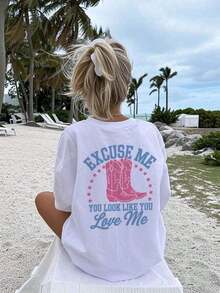 EXCUSE ME Ladies' Summer Street Red Boot Pattern Personalized Print Pattern Round Neck T-Shirt Western Style Clothing Women's Top. Graphic Tees Women Pink Top-White And Navy Off-The-Shoulder Cropped Top- Unisexideal Para Amigos - 白色 2 - 查看 6