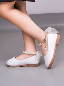 Girls' Beaded Peep Toe Shoes, New Spring/Summer Princess Soft Bottom Bowknot Shoes For Little/Big Kids - White - View 1