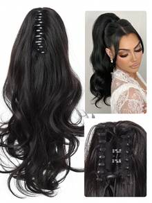 爪夹式马尾接发，卷曲波浪长马尾接发，合成假发，适合女性日常佩戴，16英寸深波浪耐热合成马尾接发，爪夹式，圣诞节、音乐节、狂欢节、节日和中国新年礼物 - 彩色 - 查看 7