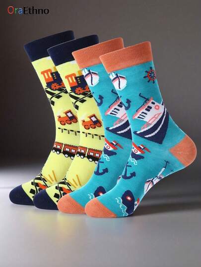 1 Pair Of Men's Cute Train & Ship Theme Cartoon Printed Contrasting Color Mid Calf Socks - Soft Sweat-Absorbent Odor-Resistant Comfortable Novel Interesting Warm Socks, Fun Gifts For Men (Dads/Sons/Grandpas/Husbands/Boyfriends) On Birthdays/Halloween/Christmas/Themed Parties, Stylish Fall & Winter Socks For Daily Casual Wear