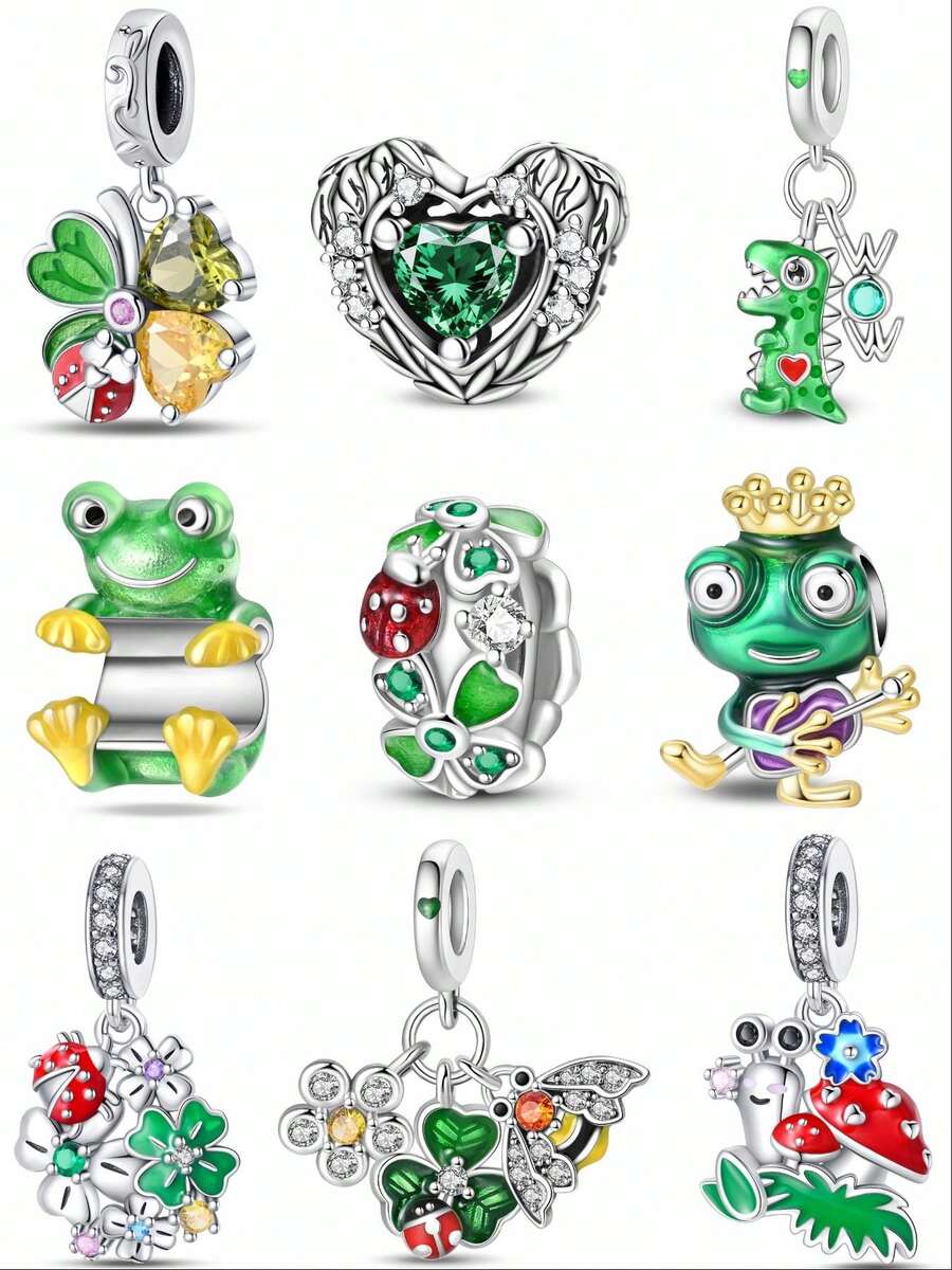 1个幸运四叶草甲虫安全扣，新鲜四叶草锆石，蘑菇蜗牛，幸运四叶草蜗牛，攀岩青蛙，蜜蜂花，活力之心，惊喜恐龙，欢乐青蛙吊坠，DIY创意手工，适合生日和节日礼物 - 彩色 - 查看 1