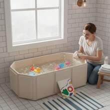 This Foldable Bathtub In Alternating Green And Beige Colors Is Compact And Portable, Without The Need For Inflation. Made Of Easy-To-Clean PVC Material, This Small Bathtub Is Convenient To Store And Maintain, Suitable For Indoor And Outdoor Use, Making It An Ideal Choice For Travel.