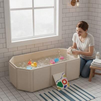 Esta bañera plegable en colores verde y beige alternados es compacta y portátil, sin necesidad de inflado. Hecha de material de PVC fácil de limpiar, esta pequeña bañera es conveniente de almacenar y mantener, adecuada para uso en interiores y exteriores, lo que la convierte en una opción ideal para viajar.