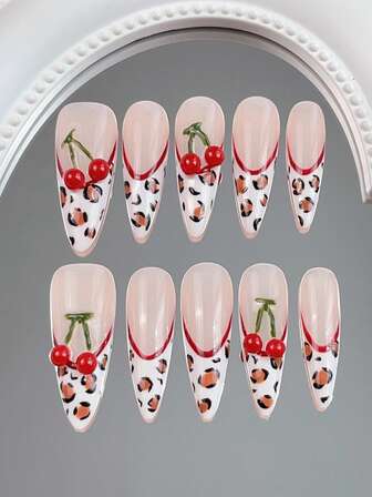 10 Pcs Of Long Pointed Almond Nail Shaped Autumn And Winter French Leopard Print Press On Nails, Y2K Spicy Style Nails, Simple French Leopard Print 3D Three-Dimensional Hand-Painted Red Peach Handmade Nail Art, Acrylic Press On Nails,French Tip Nails,Cute Nails, Valentine's Day Nails