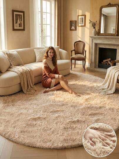 1 pieza Alfombra redonda esponjosa de estilo nórdico moderno minimalista de alta gama, decoración de habitación, regalo para días festivos, decoración del hogar de unicolor, adecuada para sala de estar, dormitorio, estudio, pasillo, insonorización, fácil cuidado, para todo el año