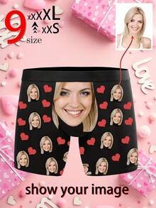 1pc Men's Customized Face & Red Heart Print Black Elastic Comfortable Romantic Personalized Briefs (Multiple Sizes), Ideal Gift For Valentine's Day, Personalized Gift, Anniversary Gift - Multicolor - View 3